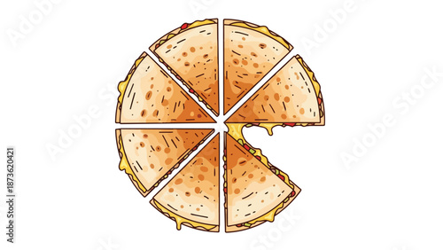 A delicious hand-drawn illustration of a golden-brown quesadilla, precisely cut into seven triangular pieces, with one savory slice missing,