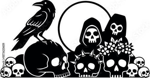 Grim reaper with skulls and raven dark gothic vector illustration with spooky theme and mysterious atmosphere