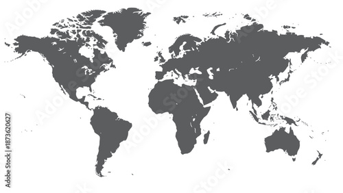 A dark gray silhouette of the entire world map is isolated on a clean white background for global concept representation.