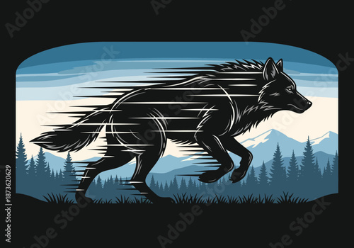 Stylized Wolf Running Through Forest Landscape.