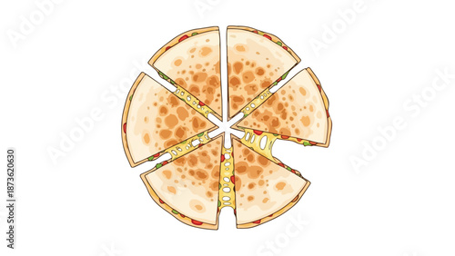 Stylized illustration of a delicious cheesy quesadilla cut into perfect wedges