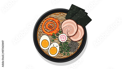 Delicious and artfully arranged Japanese ramen bowl illustration featuring savory broth, tender pork, and rich toppings
