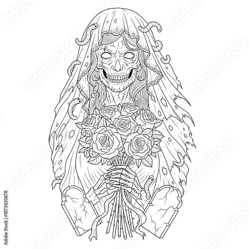 Sugar Skull Bride Holding Flowers Illustration.
