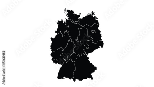 Solid black map silhouette outlines the political regions and borders within the country of Germany.