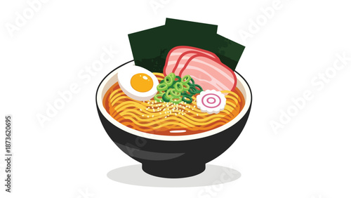 Stylized illustration of a delicious traditional Japanese ramen bowl with noodles, egg, pork, seaweed, and green onions. A vibrant culinary artwork