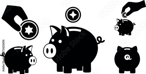 Piggy bank saving money coin investment financial concept vector icons set