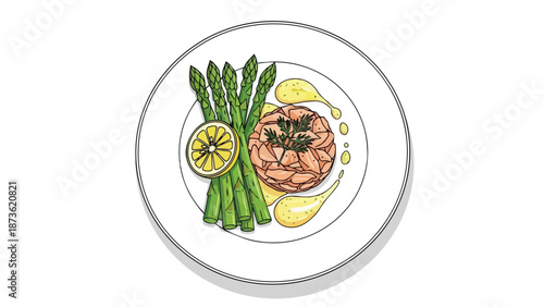 A gourmet illustration featuring a delightful salmon tartare served alongside crisp asparagus spears, bright lemon, and a savory golden sauce on a