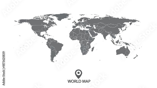 A detailed, gray-shaded world map showing country borders is presented above a small location pin graphic labeled 'WORLD MAP'.