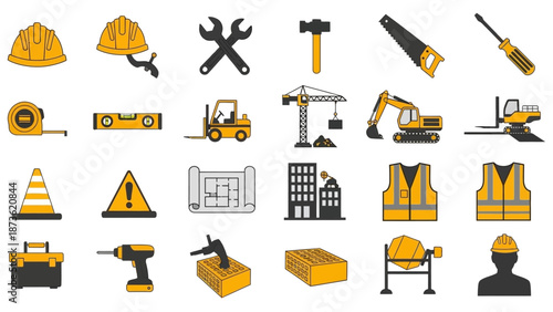 Collection of Construction Tools and Equipment Icons.