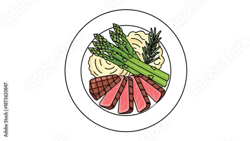 Artistic rendering of a gourmet steak meal with vibrant asparagus, creamy potatoes, and savory herb garnish