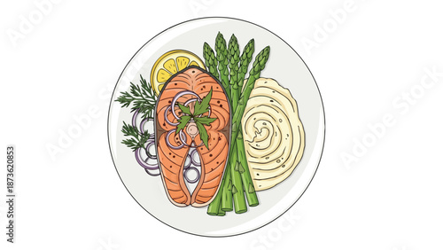 Delicious salmon entree with fresh asparagus and creamy potato swirl illustration