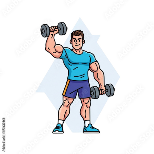 Man lifting dumbbells in a fitness routine with a confident expression wearing blue shirt and blue shorts