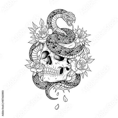 Tattoo design with snake and skull.