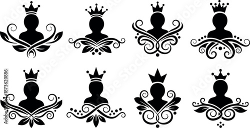 Black ornamental queen chess pieces with crowns vector set design elements and decorative details for game and strategy icons
