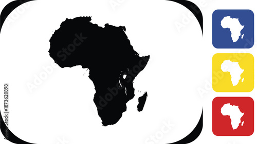 The continent of Africa is shown as a black silhouette next to colorful, rounded square icons containing smaller map outlines.