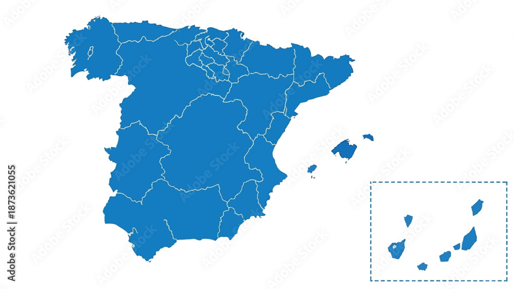 Obraz premium The political map of Spain is shown in solid blue with its internal autonomous communities clearly delineated on a white background.