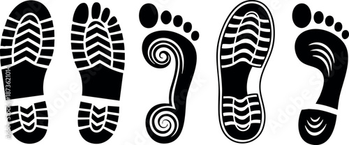 Footprint and shoe sole vector collection with various tread patterns and designs for creative graphic projects