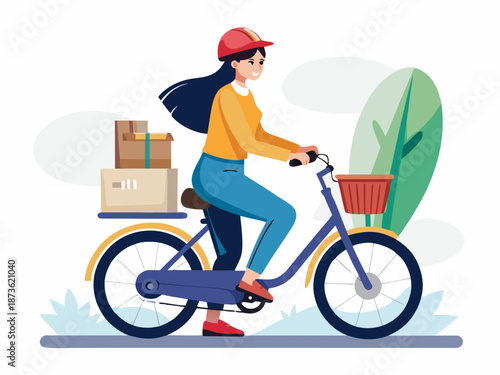 Vector illustration of woman delivering package by electric bicycle, representing eco-friendly transportation