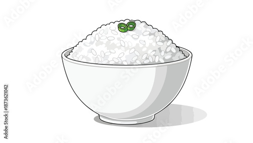 A steaming bowl of fluffy white rice topped with fresh green scallion rings, perfectly prepared and ready to be served as a delicious and comforting