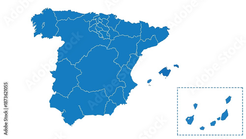 The political map of Spain is shown in solid blue with its internal autonomous communities clearly delineated on a white background.