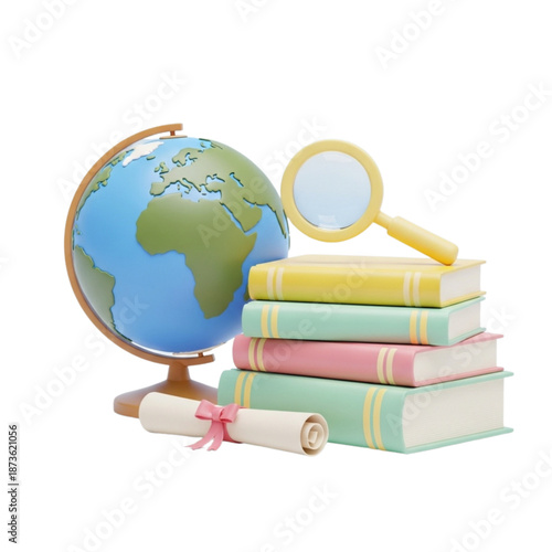 Educational resources including colorful textbooks, globe, and magnifying glass for learning and research purposes are neatly arranged to facilitate a comprehensive study experience.