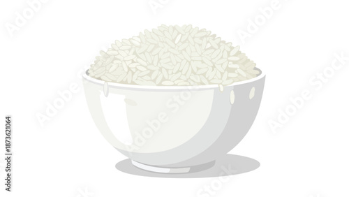 A perfectly rendered digital illustration of a pristine white ceramic bowl brimming with delicious, fluffy, freshly cooked white rice, a fundamental