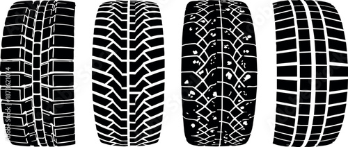 Tire tread patterns set vector illustration showing different types of tire designs for vehicles and off-road use