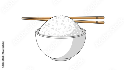 A pristine vector graphic displays a simple white bowl brimming with perfectly cooked, fluffy white rice, elegantly topped by natural wooden