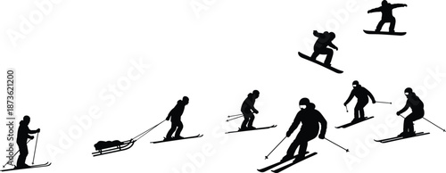 Black Silhouette Vector Set of People Skiing and Snowboarding Featuring Winter Sports Athletes in Various Action Poses on White Background