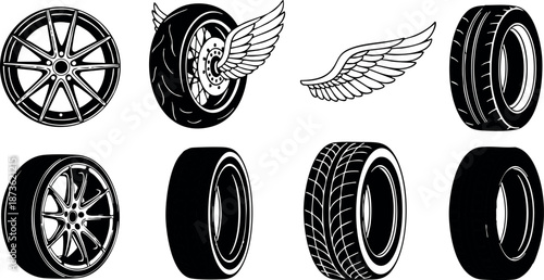 Car wheels and tires vector set with winged wheel and various tire tread patterns in black and white design