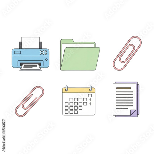 Office supplies including printer folder calendar documents and paperclips organized neatly on white background for business and productivity purposes in a modern workspace setting for professionals.