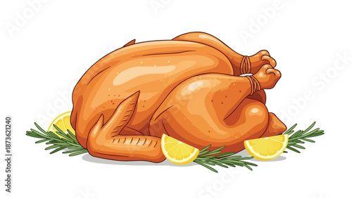 A perfectly roasted golden-brown whole chicken illustration, beautifully garnished with vibrant lemon wedges and fresh aromatic rosemary sprigs,