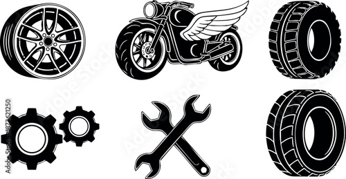 Motorcycle wheel tire gear wrench icons set for vehicle repair and maintenance vector illustration