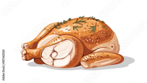 A beautifully golden brown roasted chicken, perfectly prepared and seasoned with fragrant herbs, presenting a mouthwatering culinary delight for any