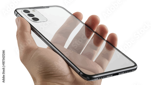 Human hand holds an innovative transparent smartphone featuring advanced camera technology and a sleek, futuristic design, symbolizing cutting-edge mobile communication.