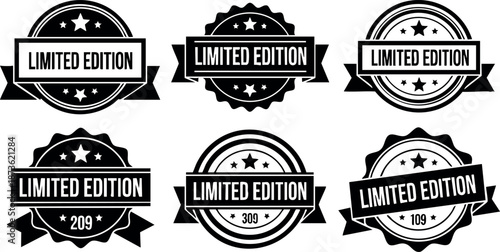 Limited edition badge set with stars and ribbon banner design for special product packaging and branding vector collection