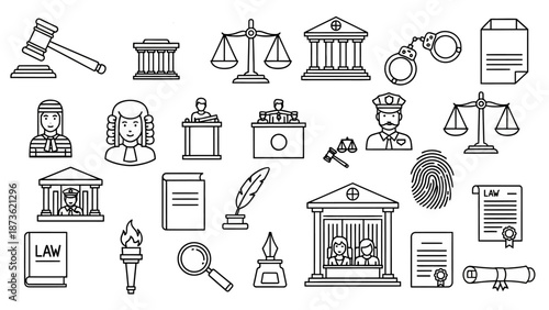 Collection of line art icons representing various elements of the legal system, justice, and law enforcement.