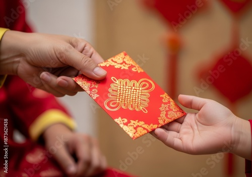 A woman's hands holding a small Chinese New Year  red envelope for a celebration surprise giving love and holiday decoration