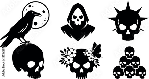 Gothic skull designs with crow, grim reaper, floral crown, and spiked skull elements for dark vector art collection