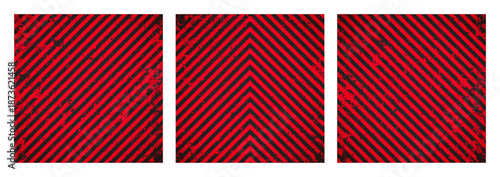 Warning sign with red and black diagonal lines. Attention, danger or caution symbol. Construction site signage, road safety notice, hazard banner, security alert shield. Vector illustration