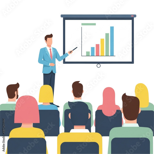 A professional businessman in a light blue suit leads a corporate training session pointing toward a bar graph on a projection screen for seated audience members during a workshop