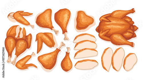 Vector illustration of roasted chicken assortment: whole bird, drumsticks, wings, thighs, and breast slices. Ideal for food-themed graphics