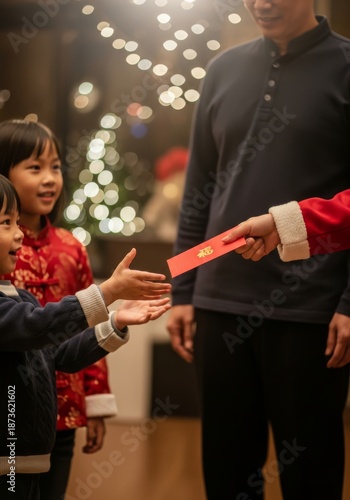 standing family moment, adult extending red envelope, child reaching forward, cinematic framing