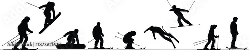 Black Silhouette Vector Set of People Skiing and Snowboarding Featuring Winter Sports Athletes in Various Action Poses on White Background