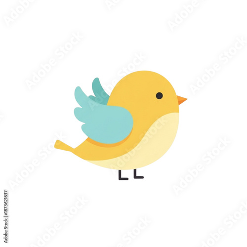 Adorable cartoon illustration of a small, plump yellow bird with light blue wings standing isolated against a black background representing nature and springtime.