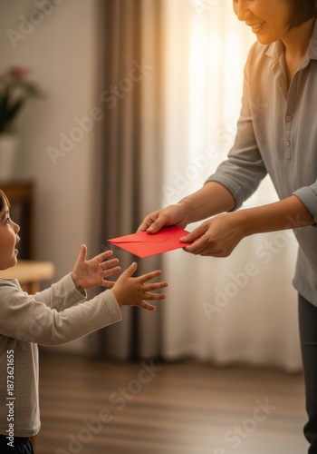 A young woman provides holding a red envelope to child at home