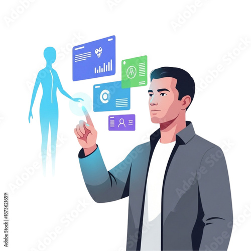 Man interacting with virtual identity cards and profiles with a futuristic interface displaying various digital credentials and information graphics.