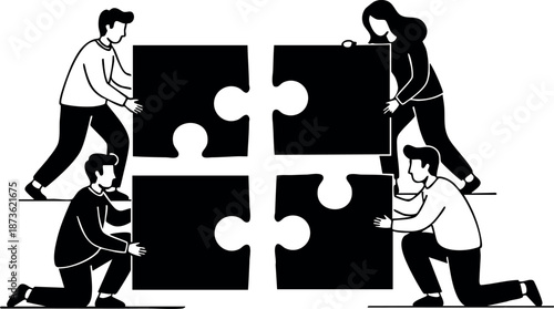 Teamwork collaboration concept with people assembling large puzzle pieces for problem solving and cooperation