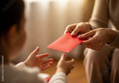 A close-up of a woman’s hands with beautiful nails holding a red envelope for a holiday celebration surprise