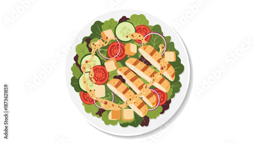 A beautifully crafted vector illustration showcasing a delicious and healthy grilled chicken salad, featuring crisp fresh greens, ripe vegetables,
